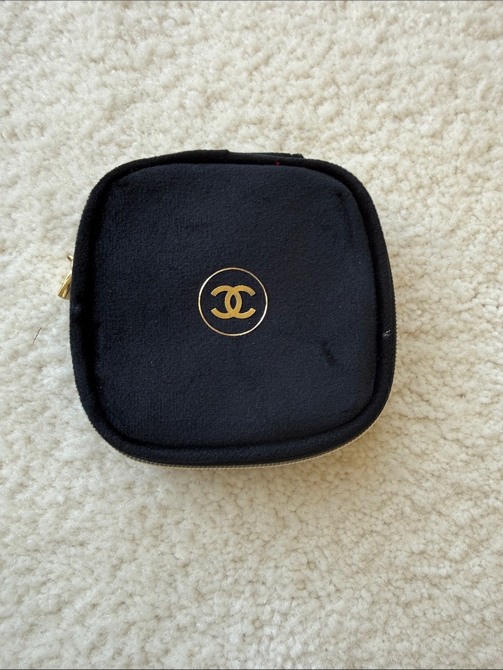 CHANEL Black Velvet Zip Jewelry Case with Gold CC Logo